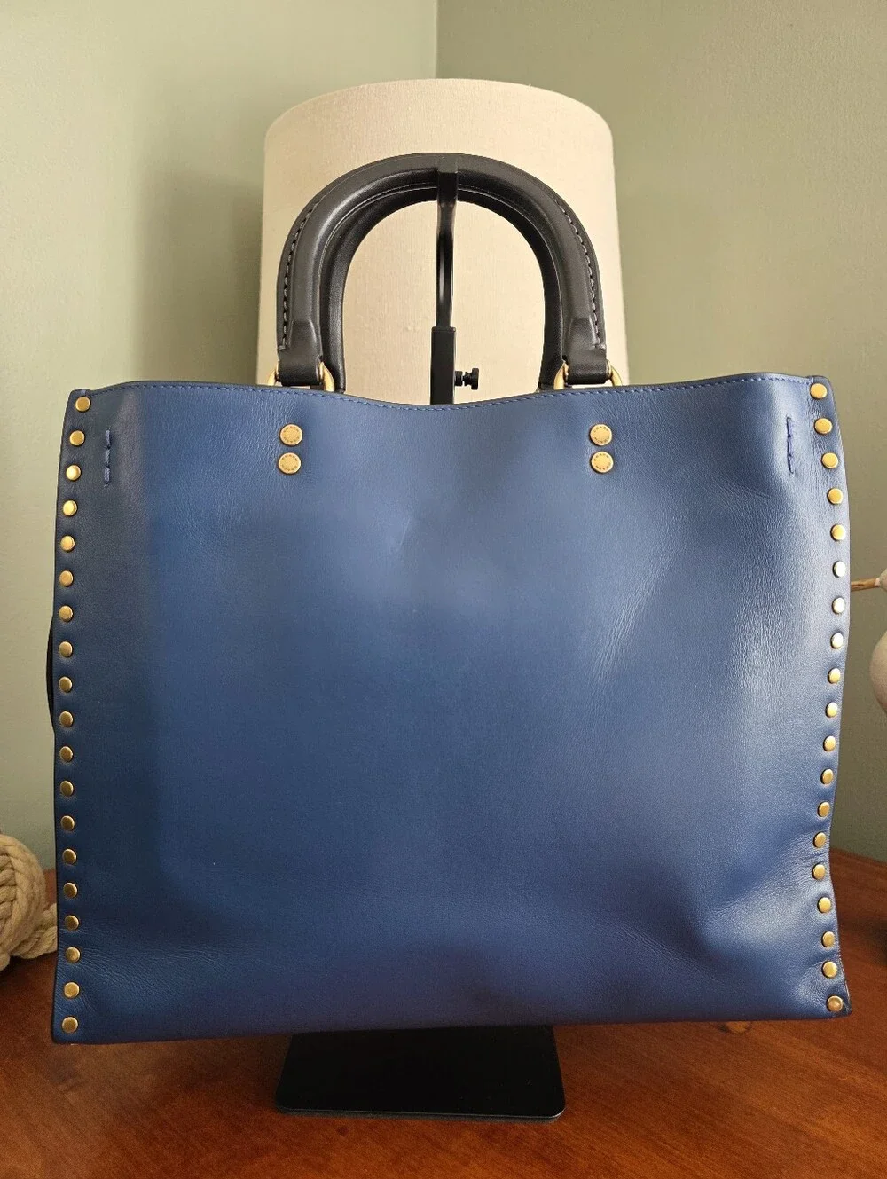 Coach CC381 Rogue 30 True Blue Colorblock Border Rivets Leather Satchel Bag